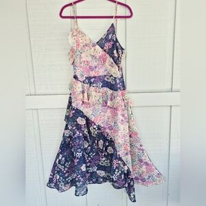 Aqua By Bloomingdales Tiered Ruffled Floral Midi Dress Navy Multi M Fairycore